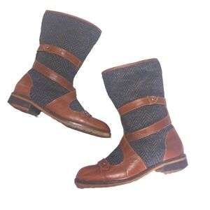 Anthropologie Schuler & Sons Deanna Leather and Blue Tweed Boot